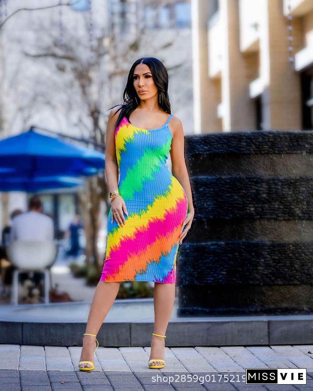 Tie Dye Striped Spaghetti Strap Skinny Midi Dresses