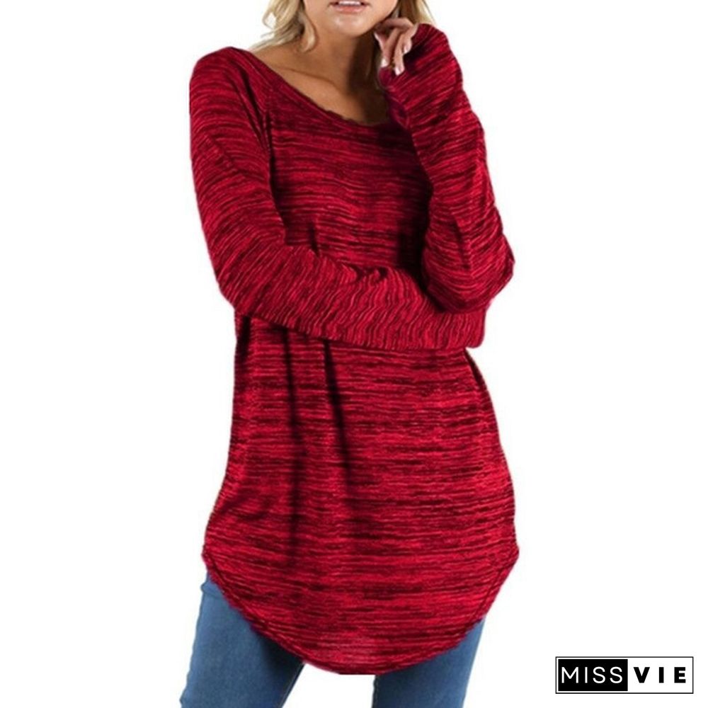 New Women Fashion Plus Size Solid Color Loose Shirt Irregular Slim Long Sleeve T-Shirt