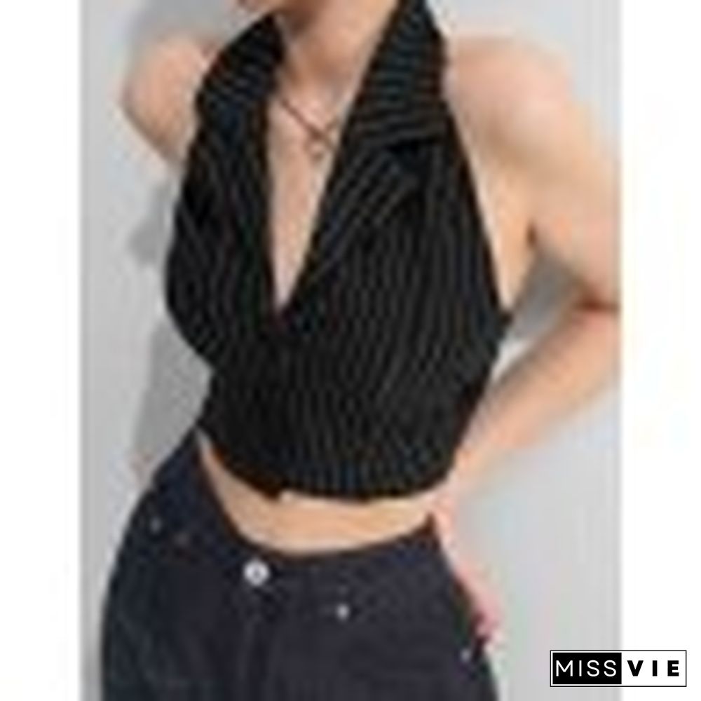 Pinstriped Crop Halter Tank Top