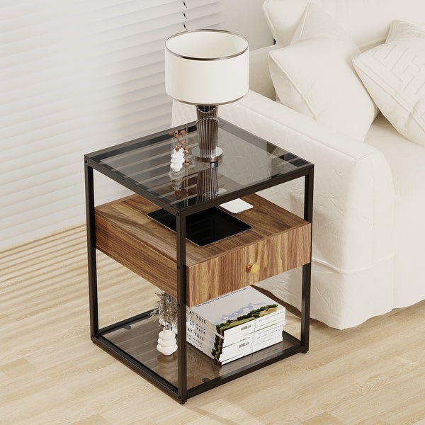 Modern Single-Drawer Glass End Table Bedside Nightstand Storage Table - 17