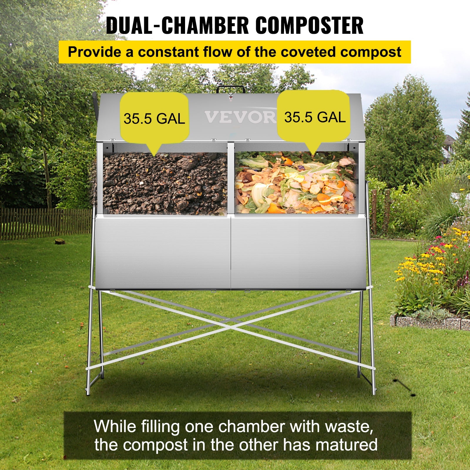 VEVOR Compost Tumbler, 71 US Gallons, Rustproof Stainless Steel Dual-chamber Garden Composter, Heavy-duty, All-season Outdoor Compost Bin, Fast-working System for Composting Kitchen ＆ Yard Waste