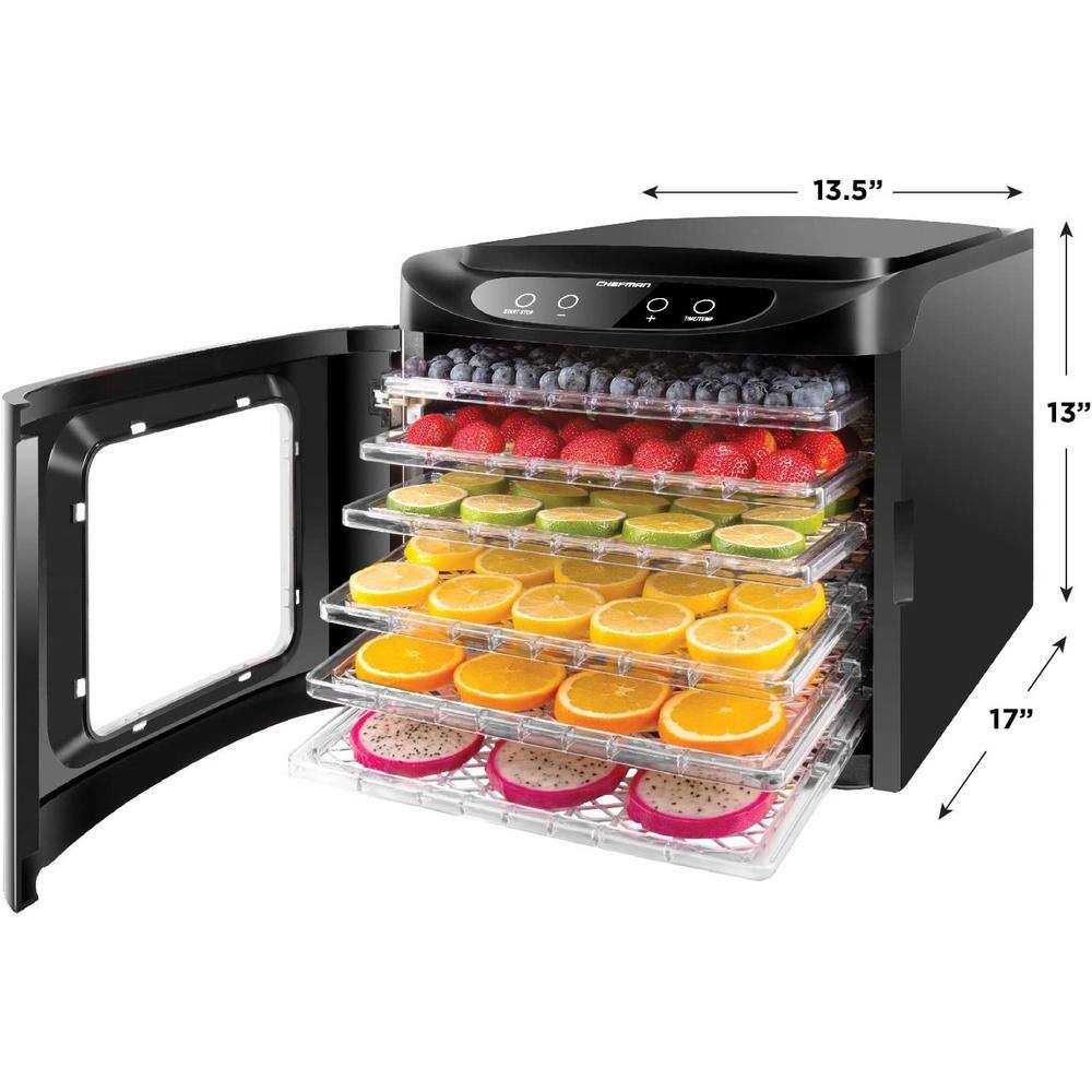 Chefman Black Food Dehydrator Machine Touch Screen Electric Multi-Tier Preserver Meat Beef Jerky Fruit Vegetable Dryer 6 Trays RJ43-SQ-6T