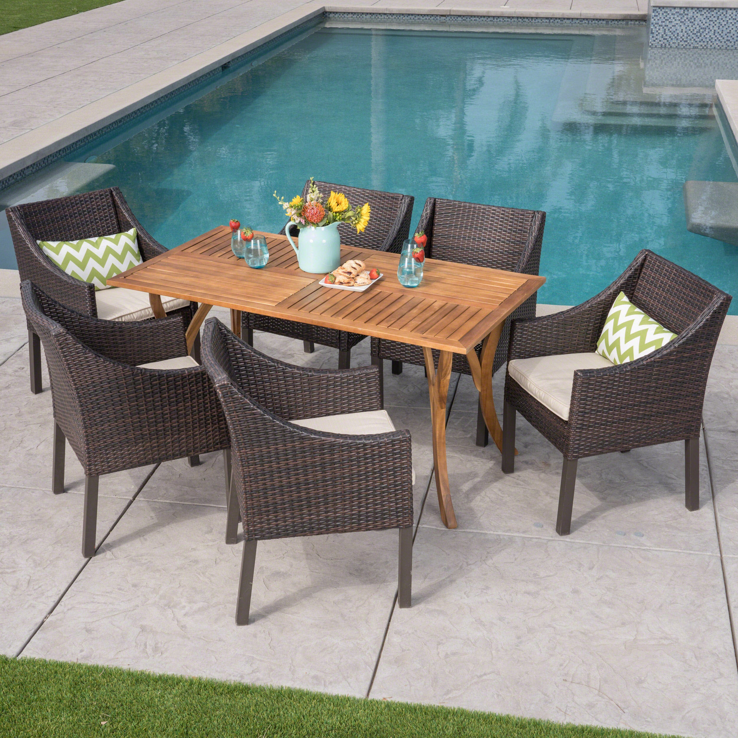 Abel Outdoor 7 Piece Acacia Wood/ Wicker Dining Set with Cushions, Teak Finish and Multibrown with Beige