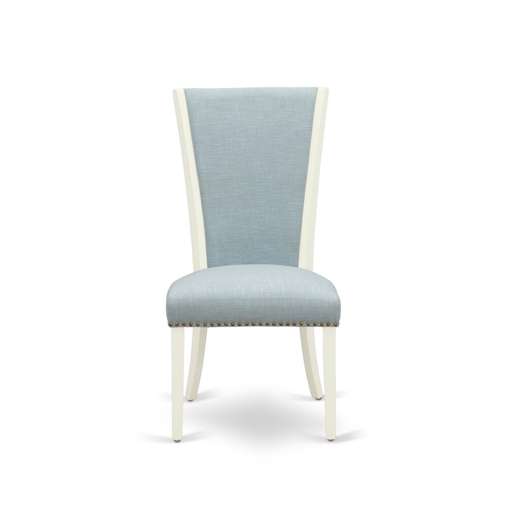 East West Furniture Dining Table Set  an Oval Dinner Table and Baby Blue Linen Fabric Chairs  Linen White(Pieces Options)