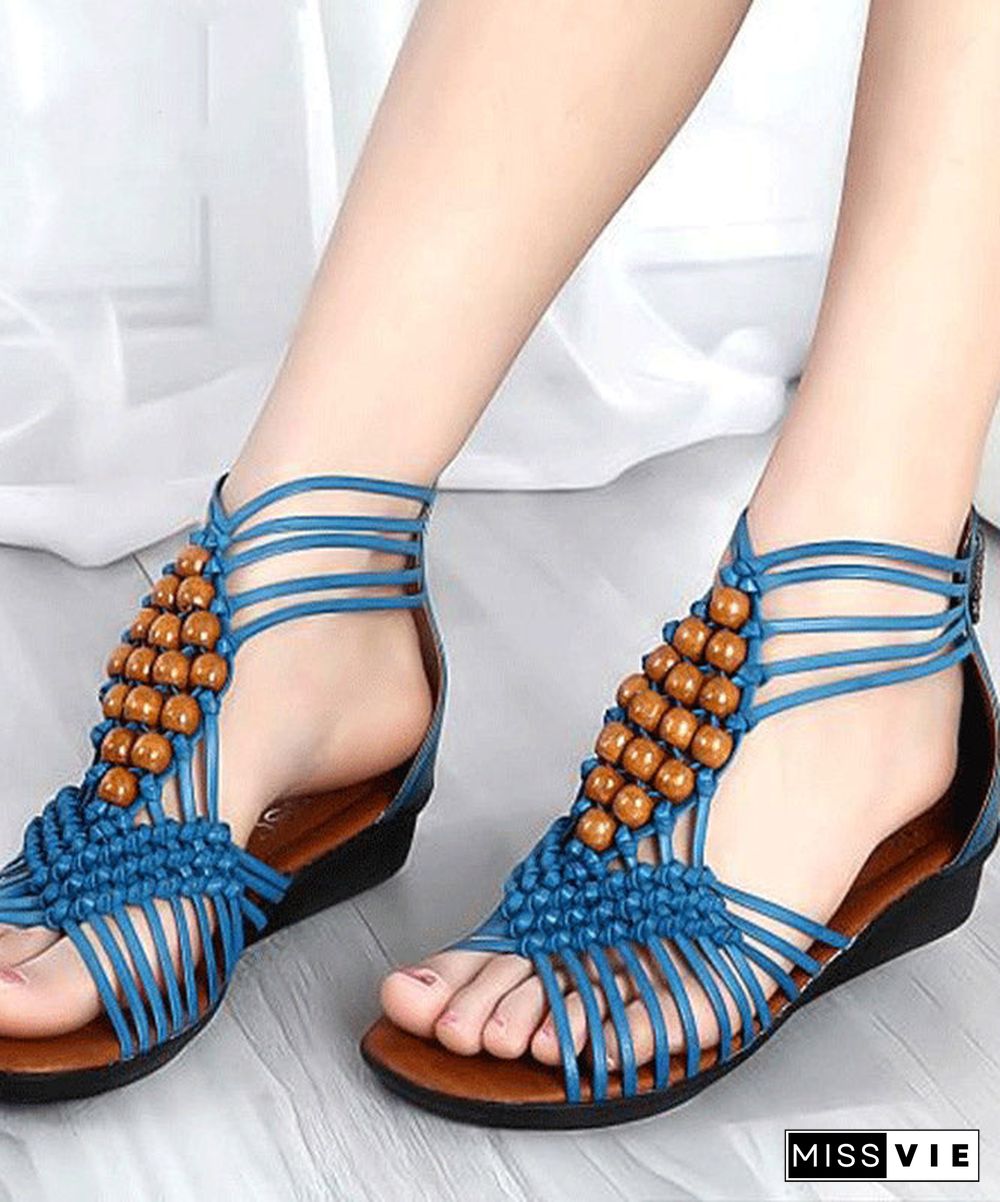 Boho Blue Wedge Genuine Leather Women Cross Beaded Strap Sandals