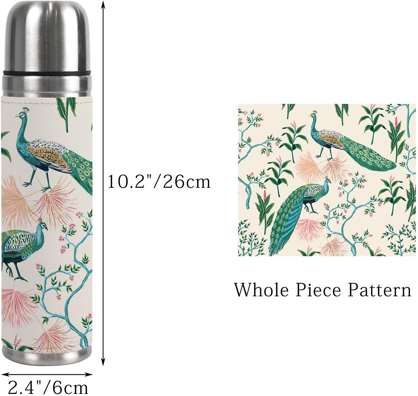 Insulated Mug Stainless Steel Water Bottle Vintage Tree Peacock Palm Leaves Vacuum Cup Travel Mug For Office