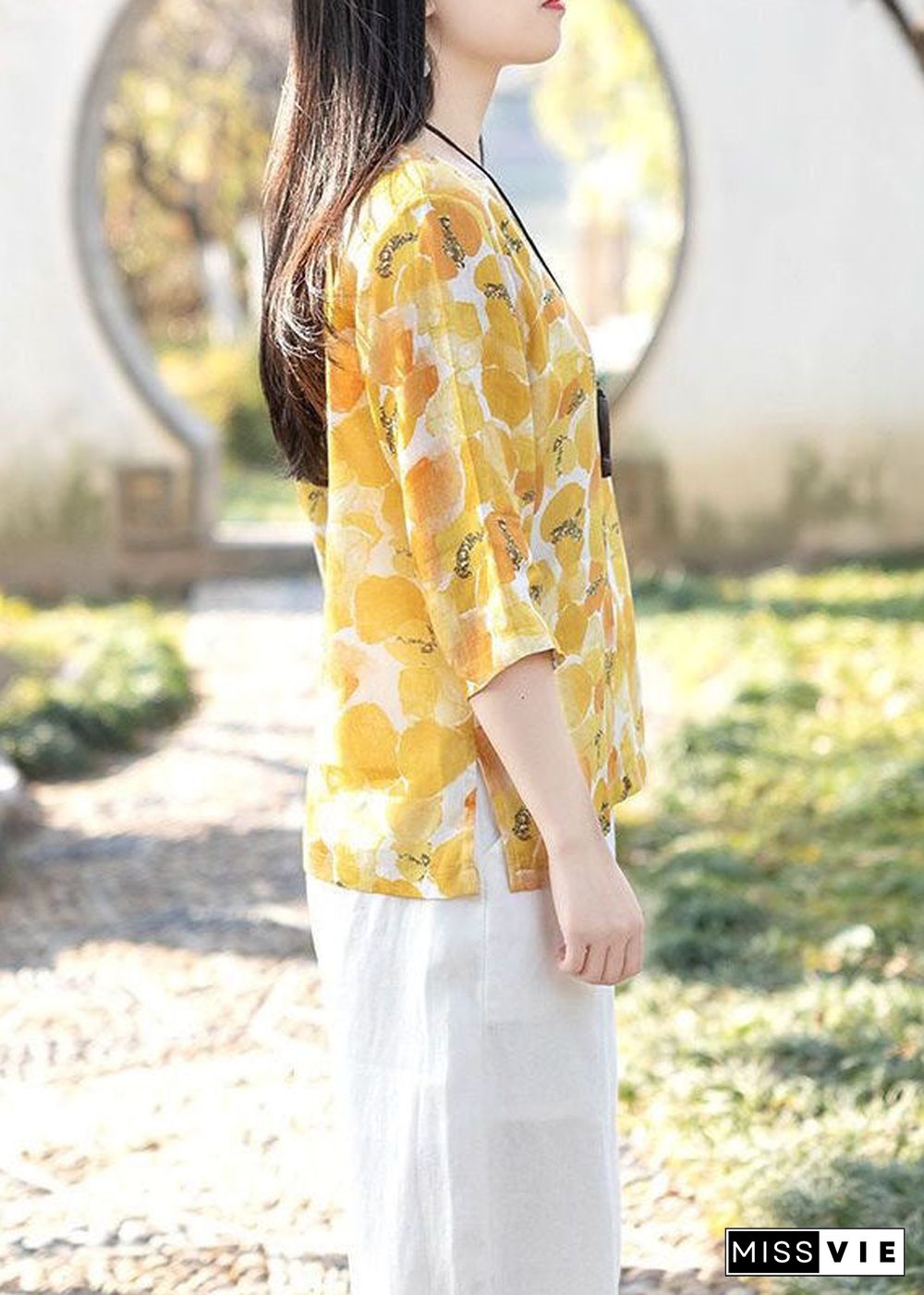 Casual Yellow Square Collar Print Linen T Shirts Top Summer