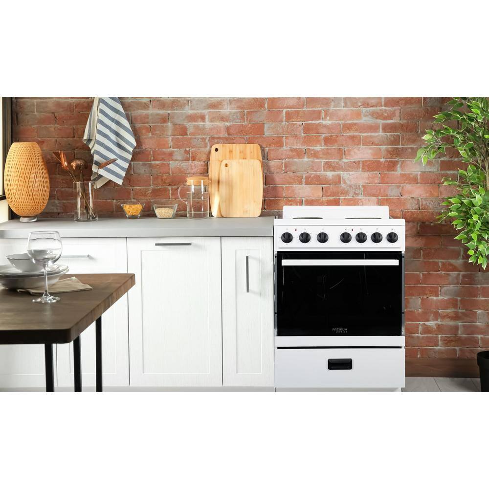 Premium LEVELLA 24 in. 2.7 cu. ft. Single Oven Electric Range with 4 Burners and Storage Drawer in White PRE2425GW