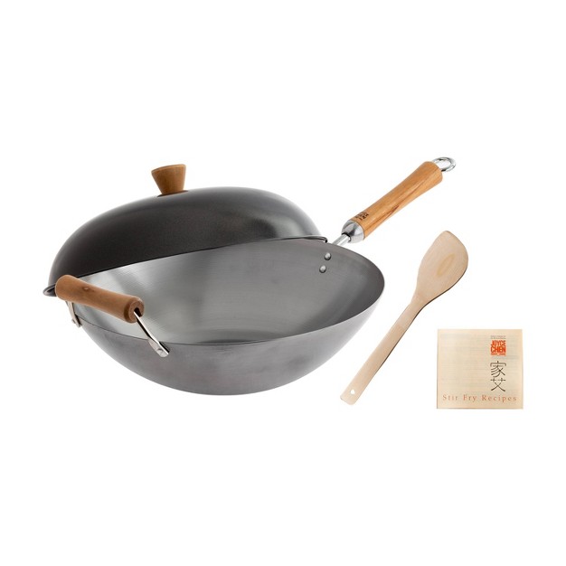 Uncoated Carbon Steel Flat Bottom Wok Silver