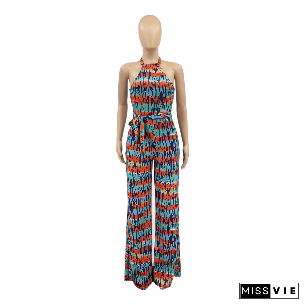 Summer Tie Dye Printed Woman Sleeveless O Neck Sashes One Piece Wide Leg Jumpsuit