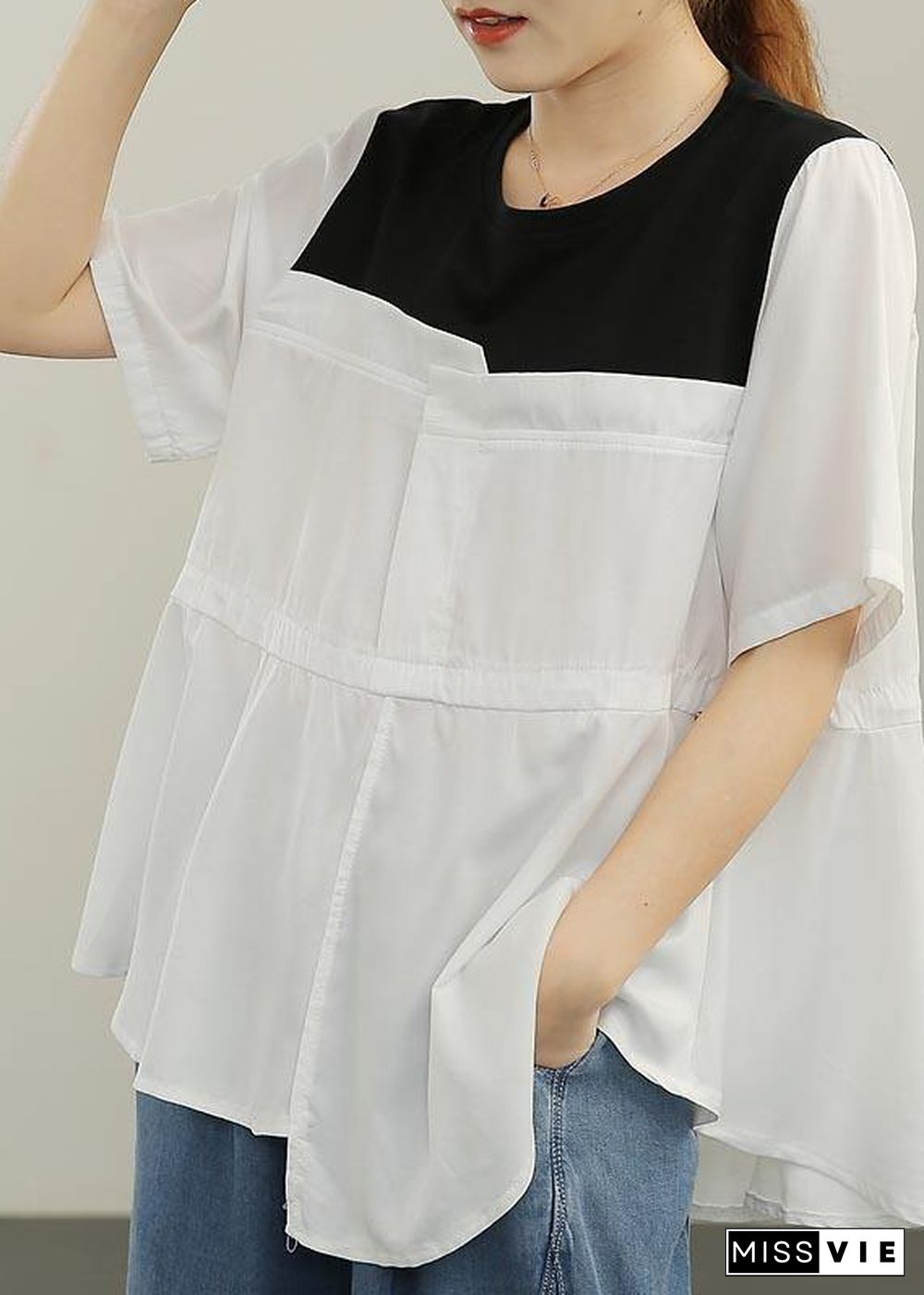 French White Patchwork O-Neck Blouses Summer