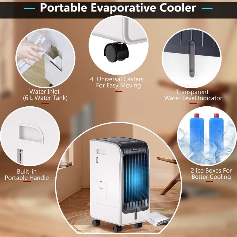 Portable Evaporative Cooler Fan Humidifier with Remote Control, 3 Speeds, 8H Timer, 6L Water Tank