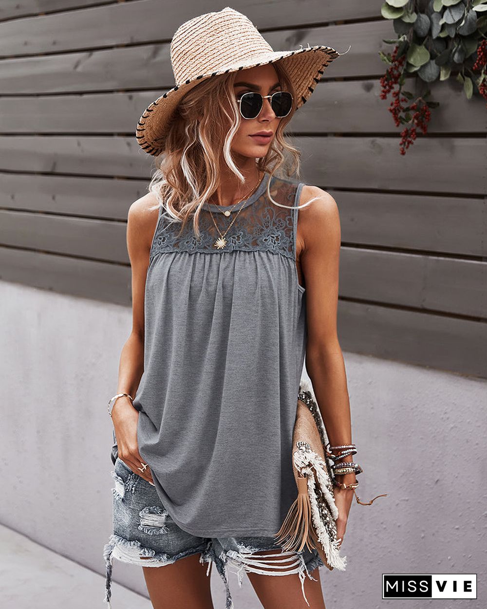 Sleeveless Round Lace Neck Casual Tank Top