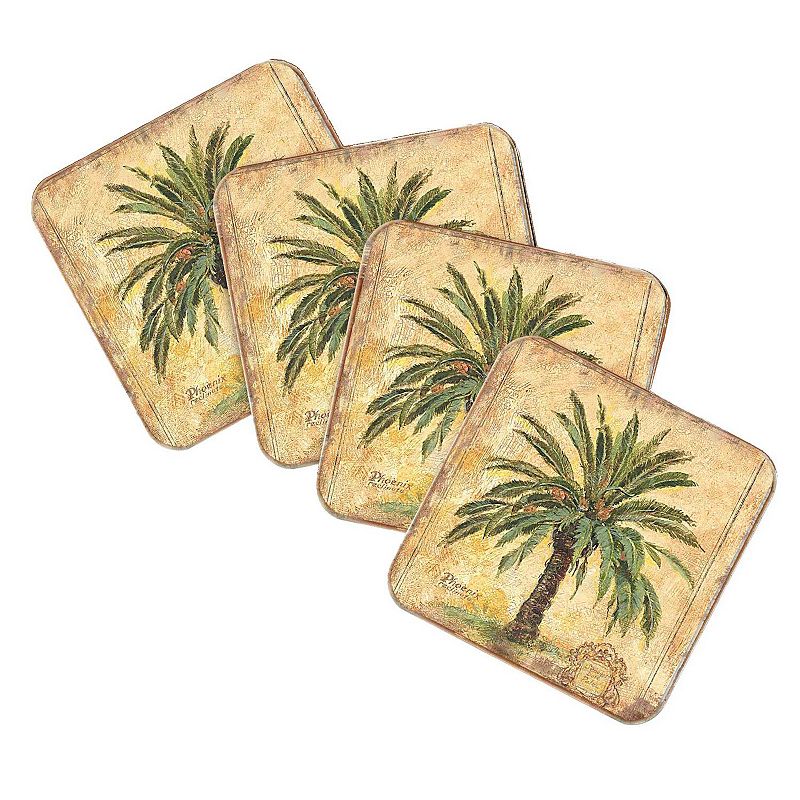 Palm Tree Coastal Wooden Cork Coasters Gift Set of 4 by Nature Wonders