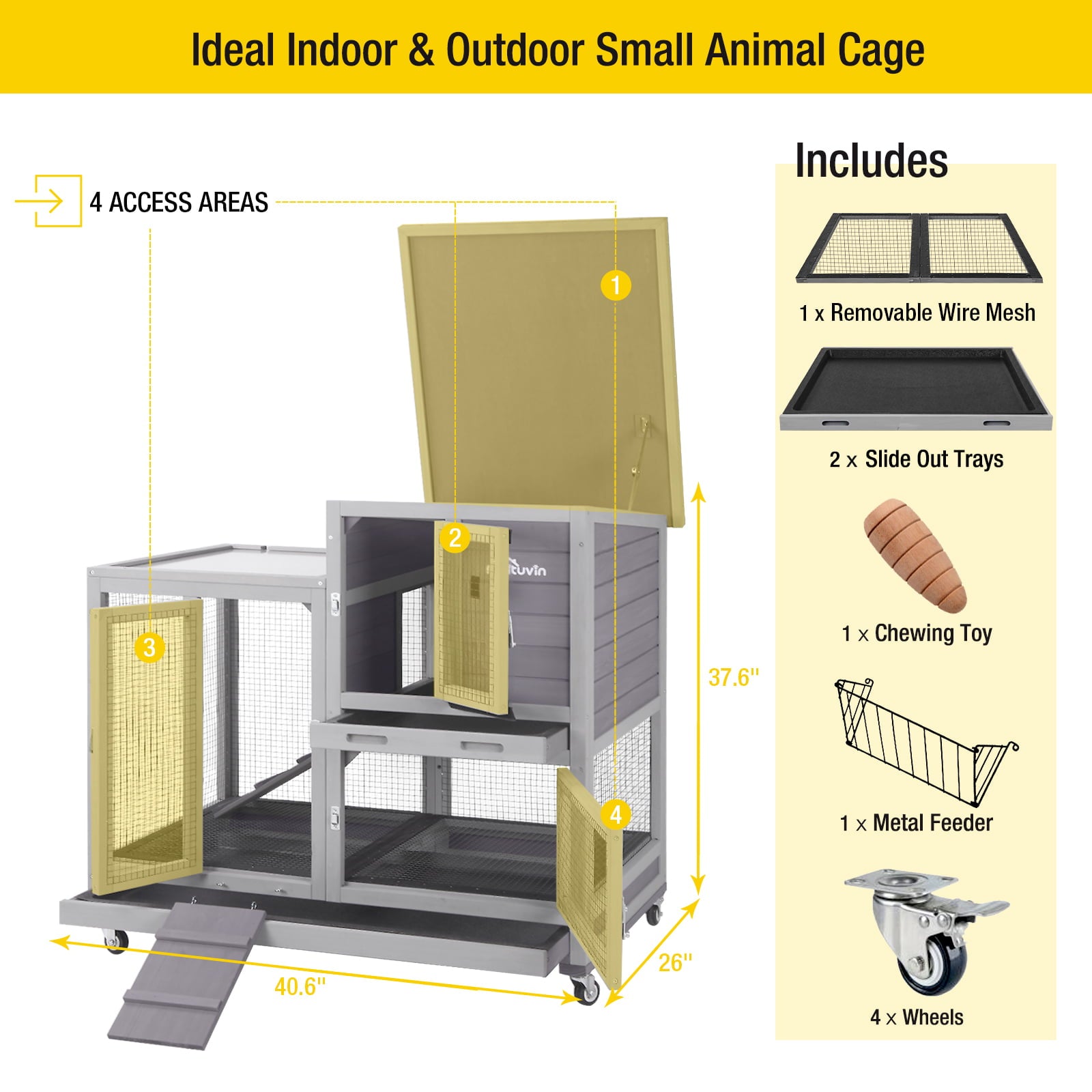 Morgete Wooden Rabbit Hutch with Two Slide Tray Outdoor Bunny Cage Indoor Guinea Pig Habitat Pet House for Small Animals - Gray