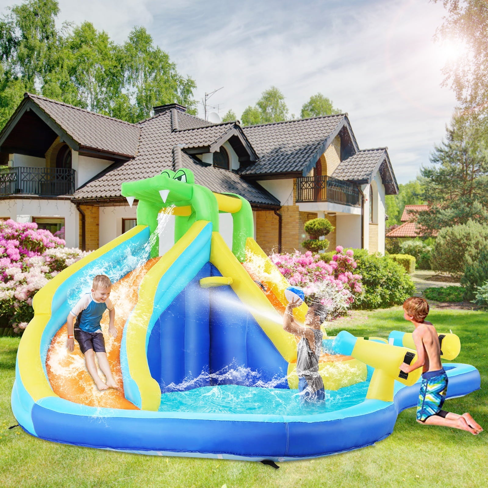 Inflatable Bounce House with Spray Pool, 2 Water Guns, Climbing Wall, Basketball Hoop, and Inflatable Water Slide with UL Air Blower, for Wet and Dry  Bouncy House(Gift for Kids)