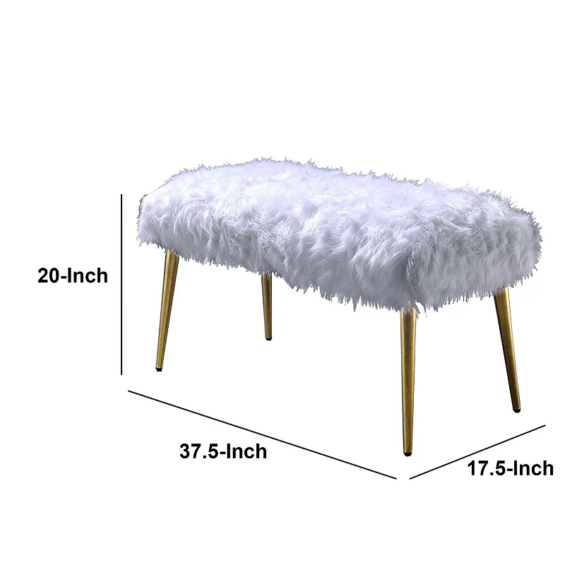 Modern Style Faux Fur Upholstered Metal Bench with Tapered Legs， White and Gold