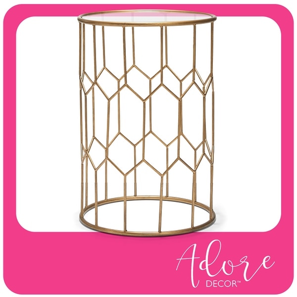 Adore Decor Harper Modern Glass and Metal Side Table， Gold Geometric Decorative Drum