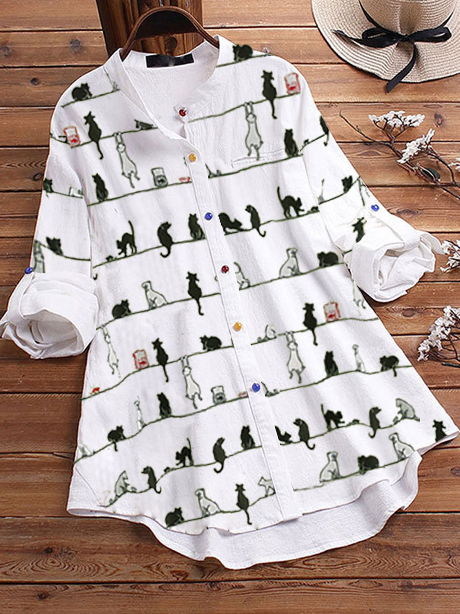 40% Off Cat Print Color Button Casual Long Blouse