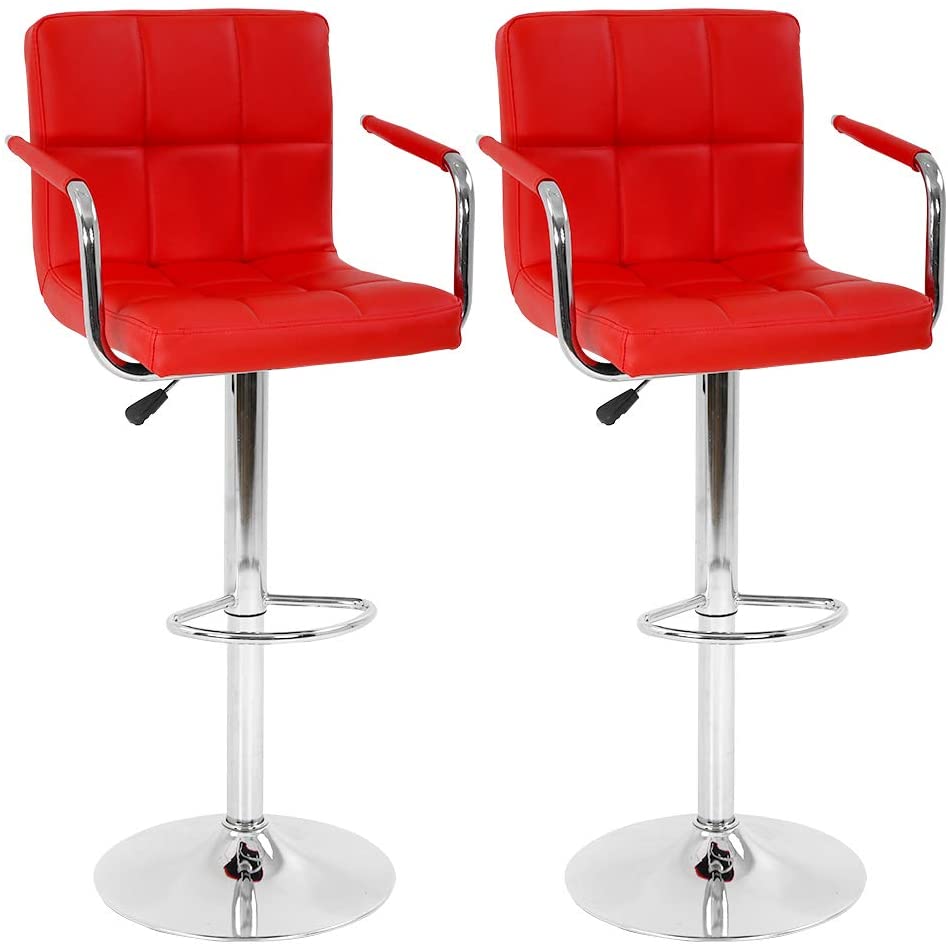 BestOffice Bar Stool with Adjustable Height and 360-Degree Swivel， Red， Set of 2， Low back， Metal