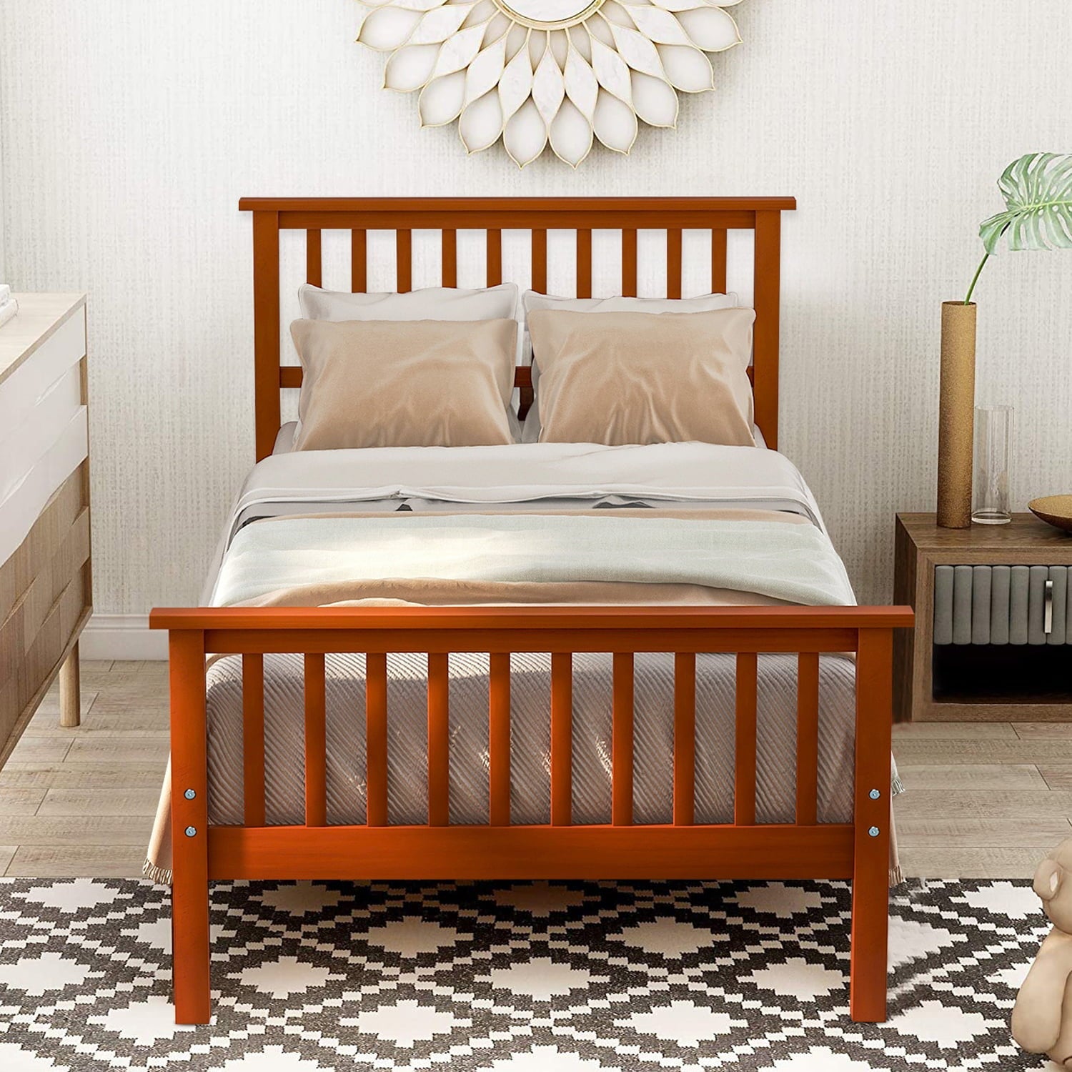 uhomepro Twin Bed Frame No Box Spring Needed, Wood Platform Bed Frame with Headboard and Footboard, Strong Wooden Slats, Twin Bed Frames for Kids, Adults, Modern Bedroom Furniture, Oak Color