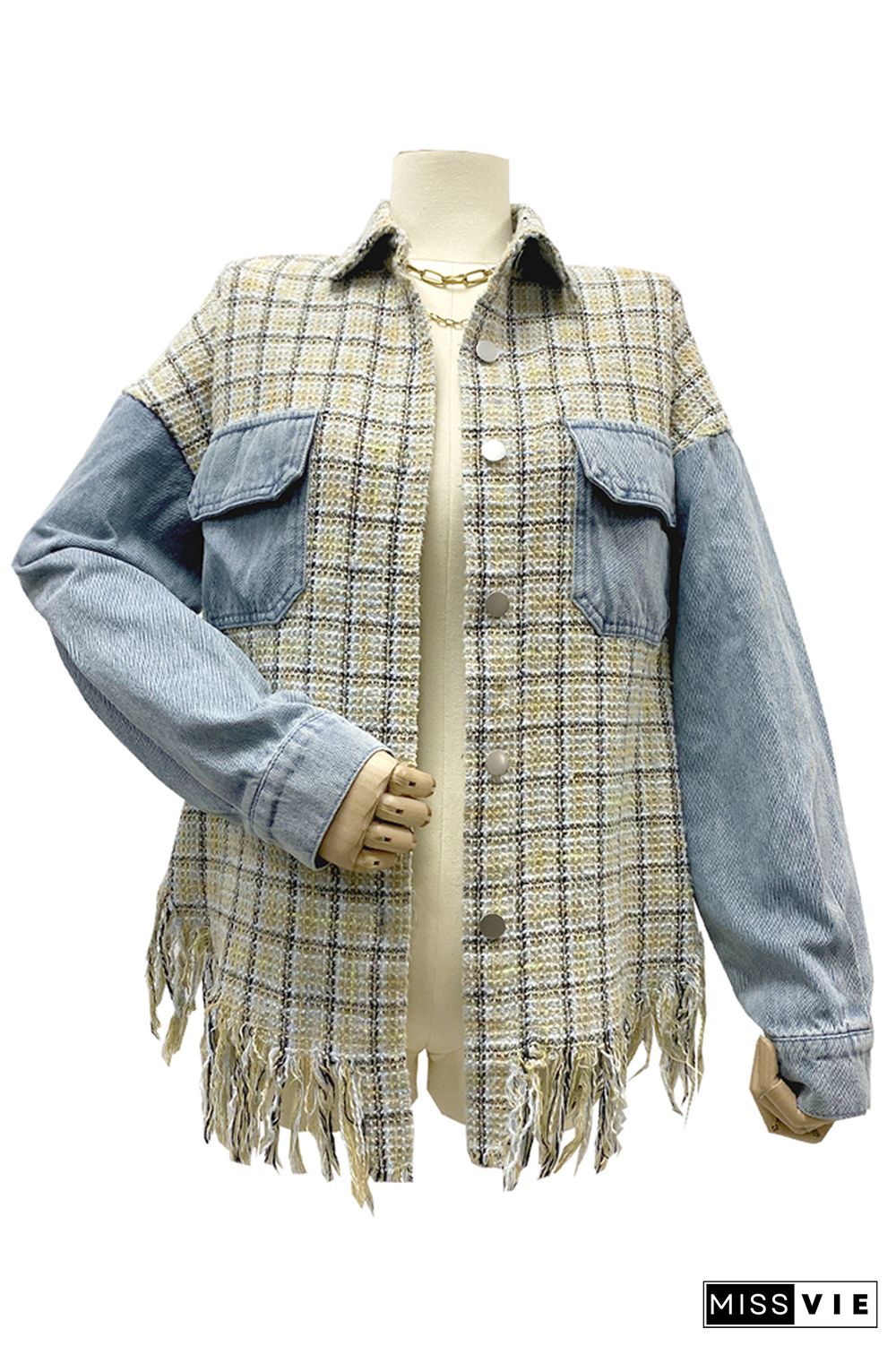 Lt Blue Ripped Denim Splicing Knit Plaid Pocketed Oversized Jackets