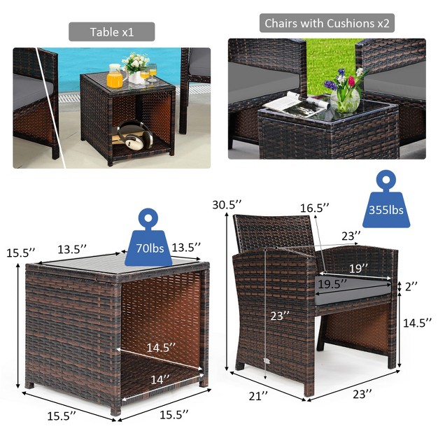 Tangkula 3 Pcs Patio Rattan Furniture Set Conversation Chair Set With Soft Cushion amp Coffee Table For Backyard Poolside Garden Gray