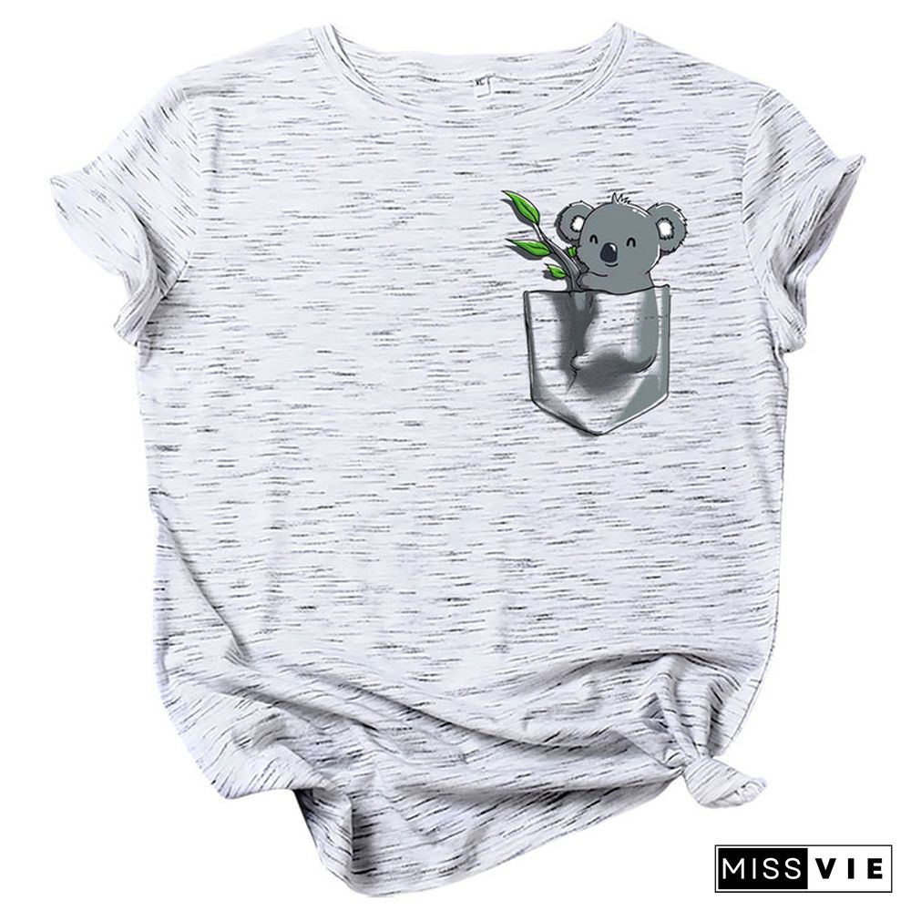 Koala Pocket Print  Round Collar T-Shirt