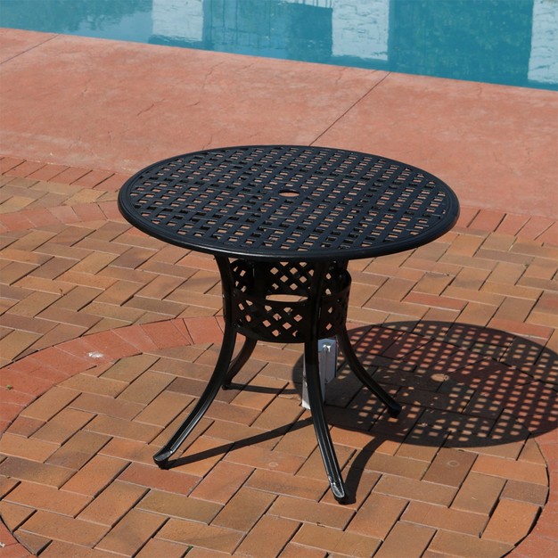 Sunnydaze Round Lattice Design Cast Aluminum Outdoor Patio Table With Umbrella Hole Black