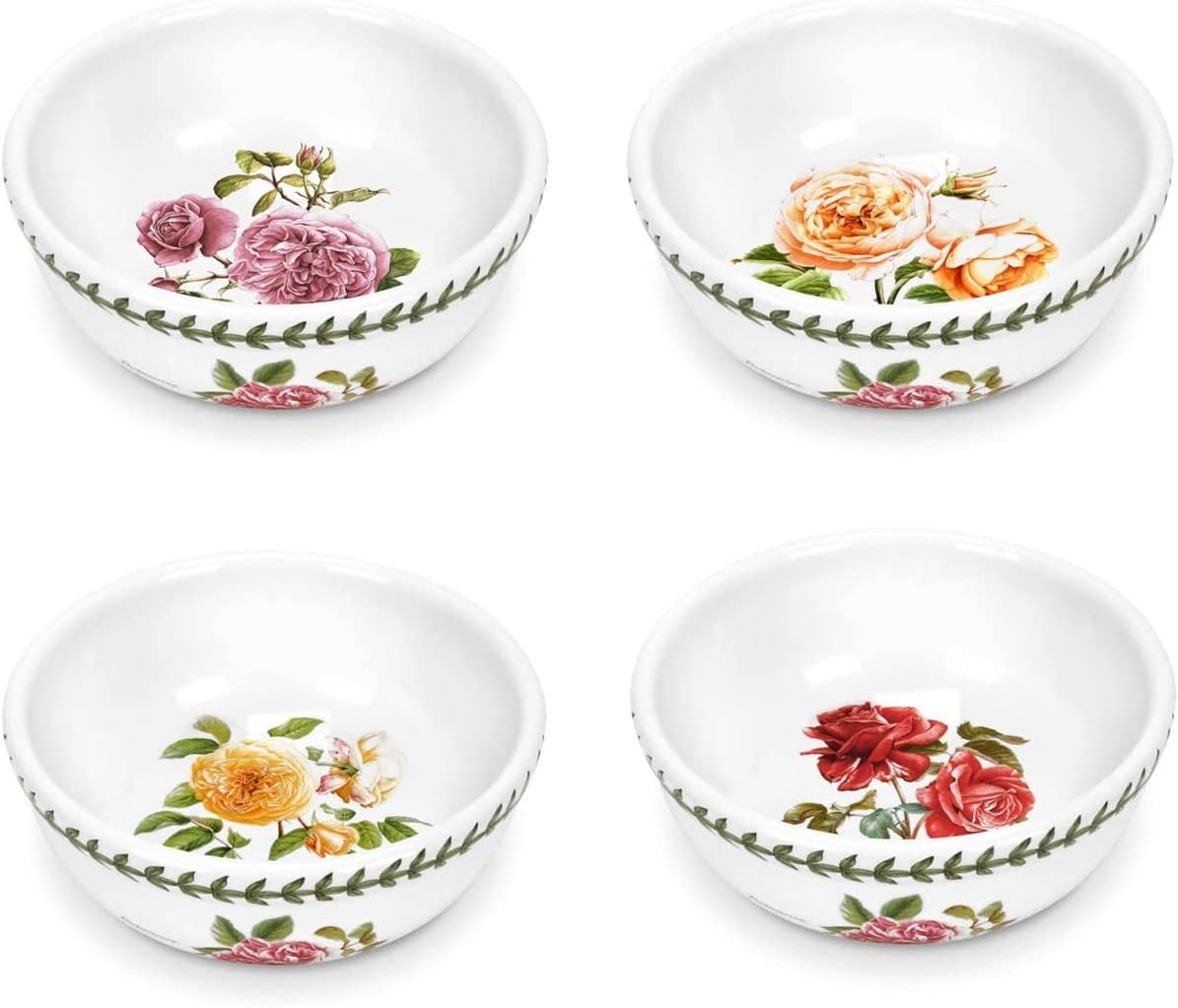 Portmeirion Botanic Roses 5.5” Fruit Salad Bowl with Assorted Rose Motifs， set of 4， Dishwasher， Microwave， Warm Oven， and Freezer Safe， For Cereal， Breakfast， Dessert