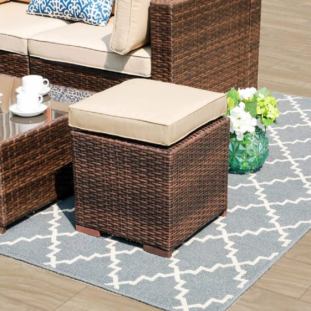 Patiorama 2Piece Wicker Outdoor Patio Ottoman with Brown Cushions