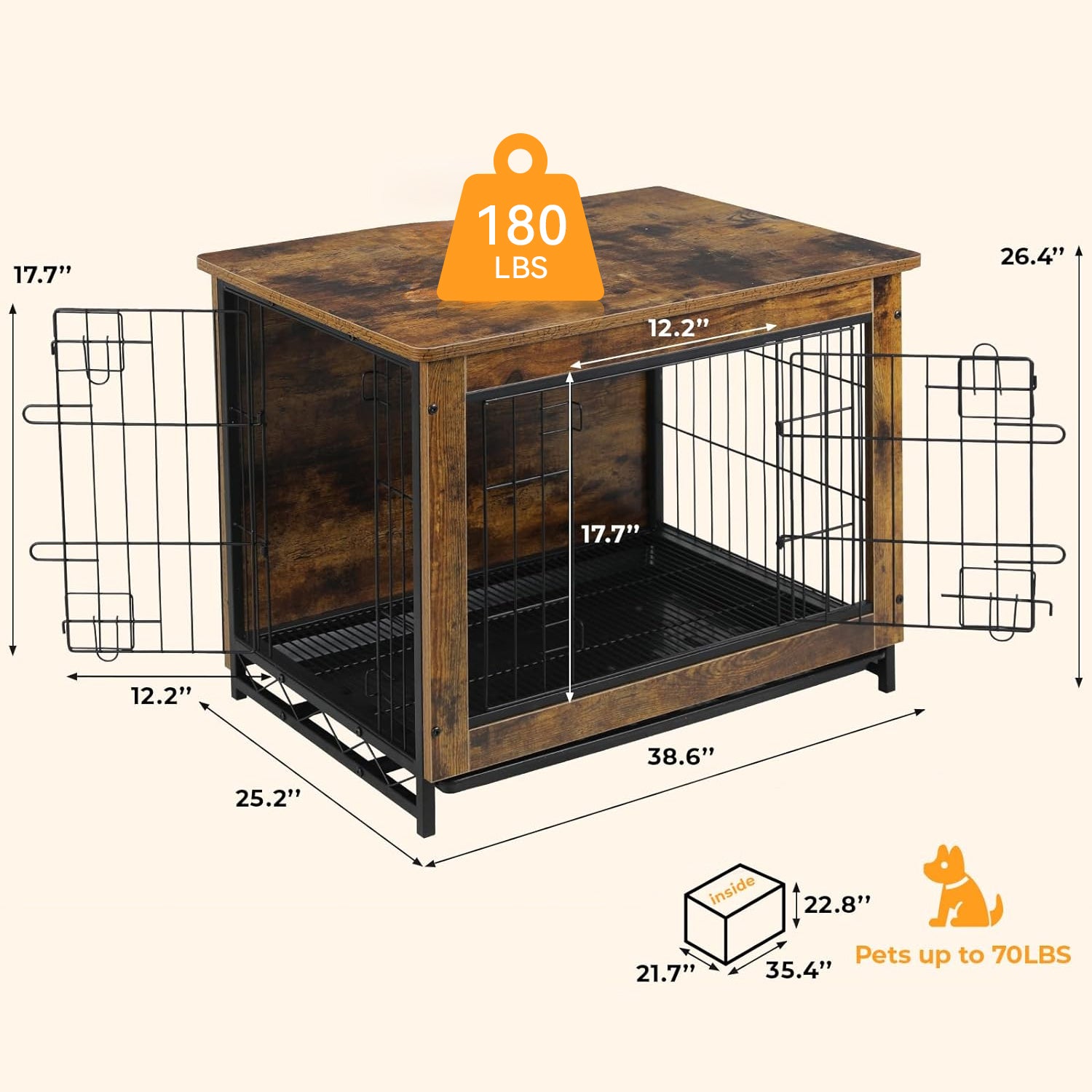 Dog Crate Furniture 38.6-inch Side End Table, Dog Cage with Pull-Out Removable Tray