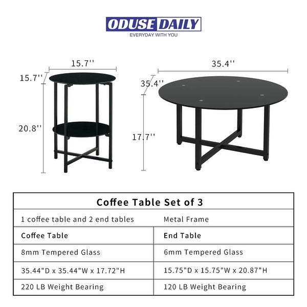 Black Glass Round Coffee Table Set of 3 Piece， Coffee Table and End Table Sets， Living Room Table Set of 3， Metal Frame