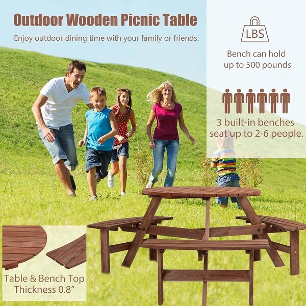 6Person Circular Outdoor Wooden Picnic Table Set