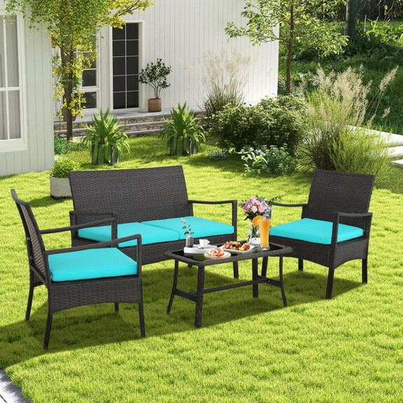 Costway 4 Pieces Rattan Conversation Set with Temp...