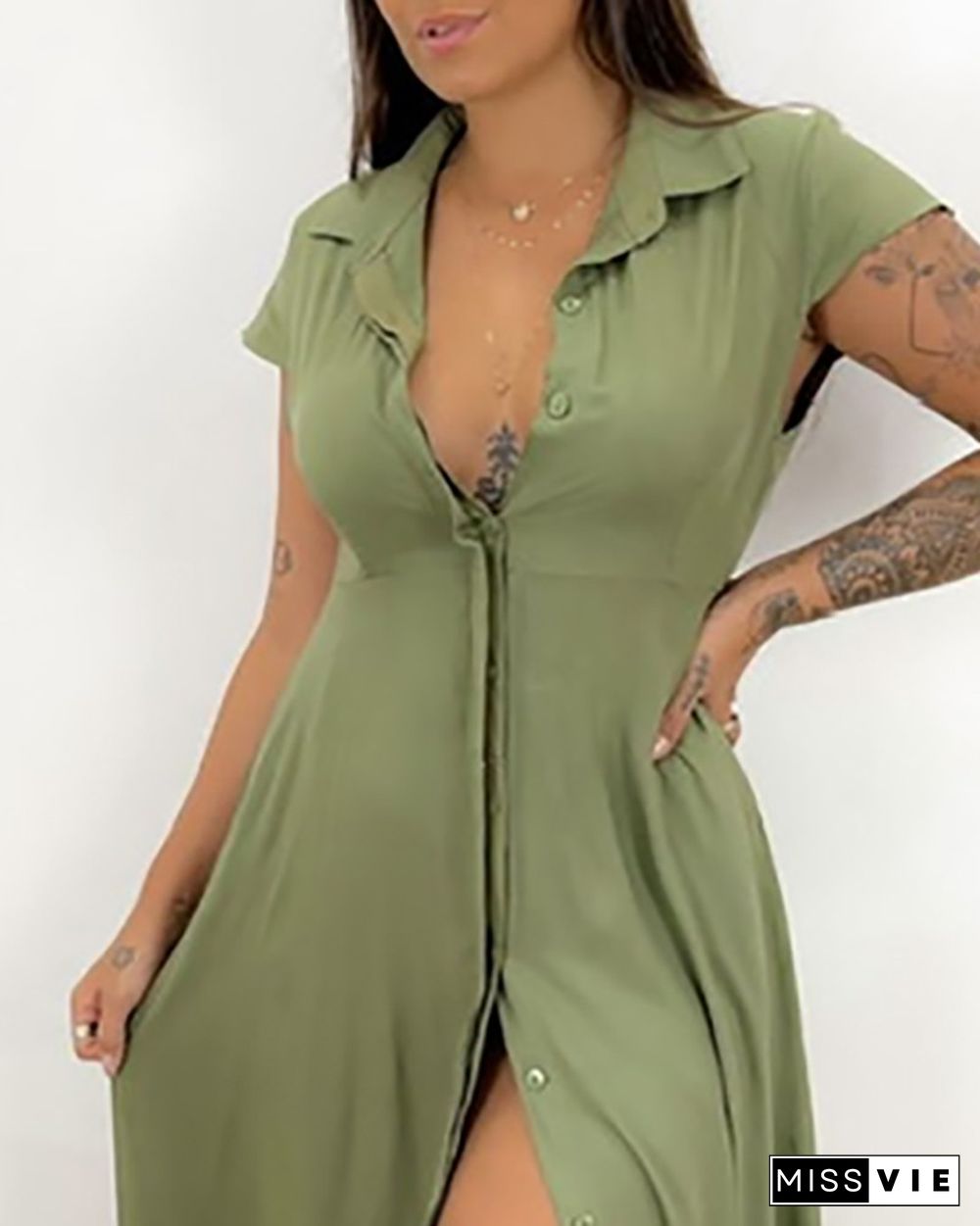 Button Front Short Sleeve Shirt Dress