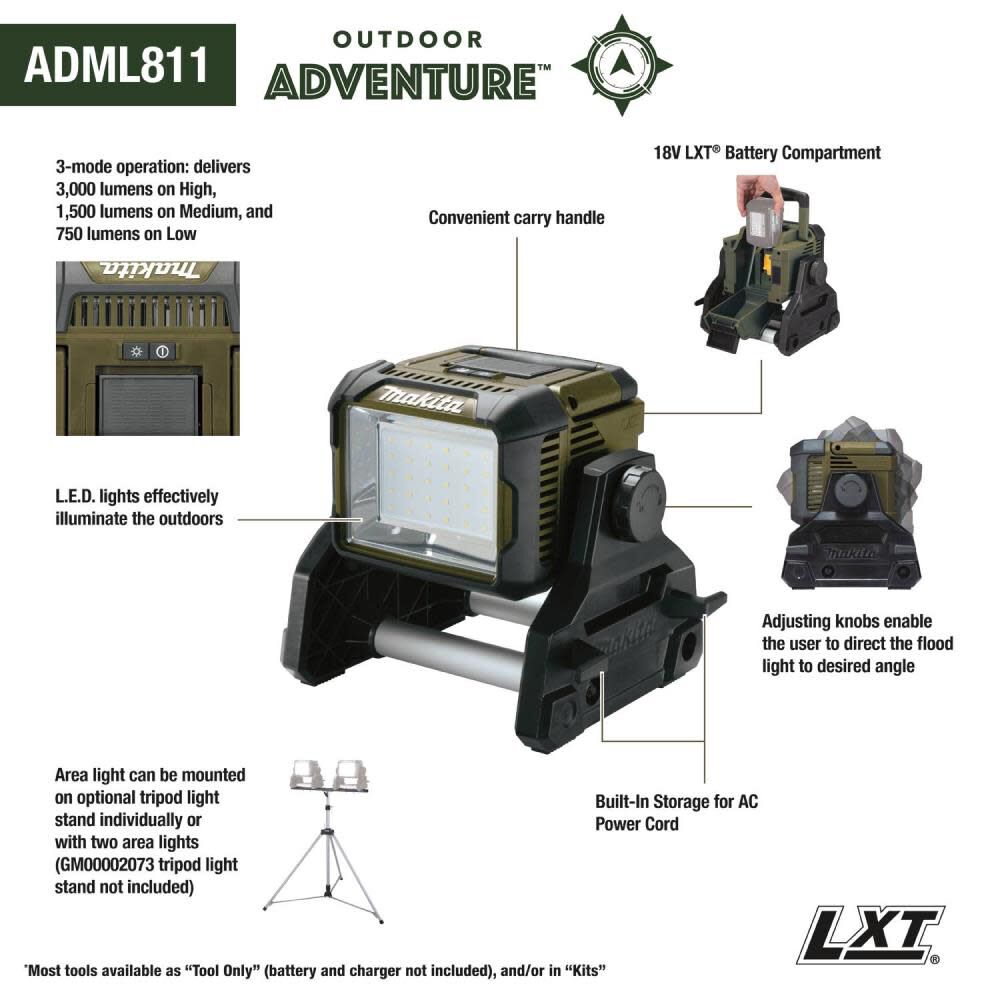 Makita Outdoor Adventure 18V LXT Cordless Corded LED Area Light ADML811 from Makita