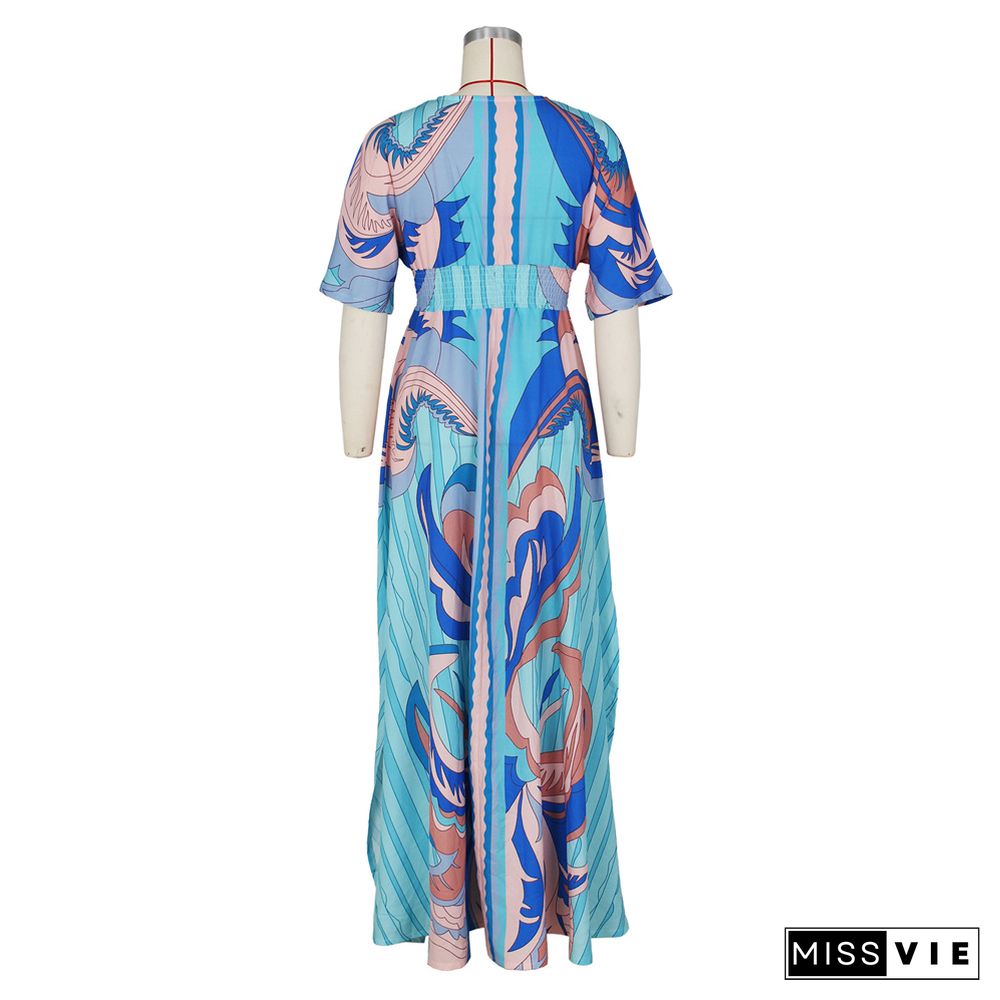 V Neck Print Holiday A-line Short Sleeve Maxi Dresses