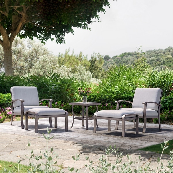 5Piece Aluminum Patio Conversation Set with End Table，Ottoman and Light Gray Cushions