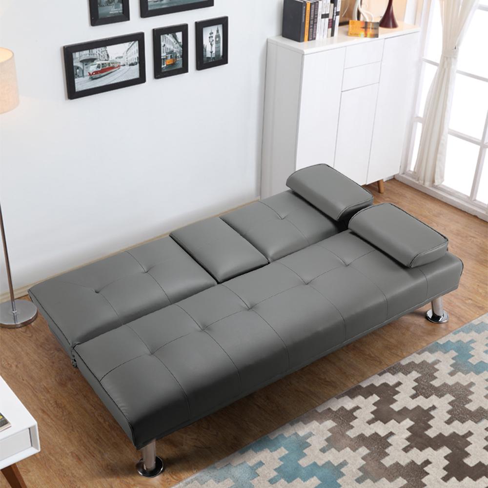 LuxuryGoods Modern Faux Leather Futon with Cupholders and Pillows Gray  Crowdfused