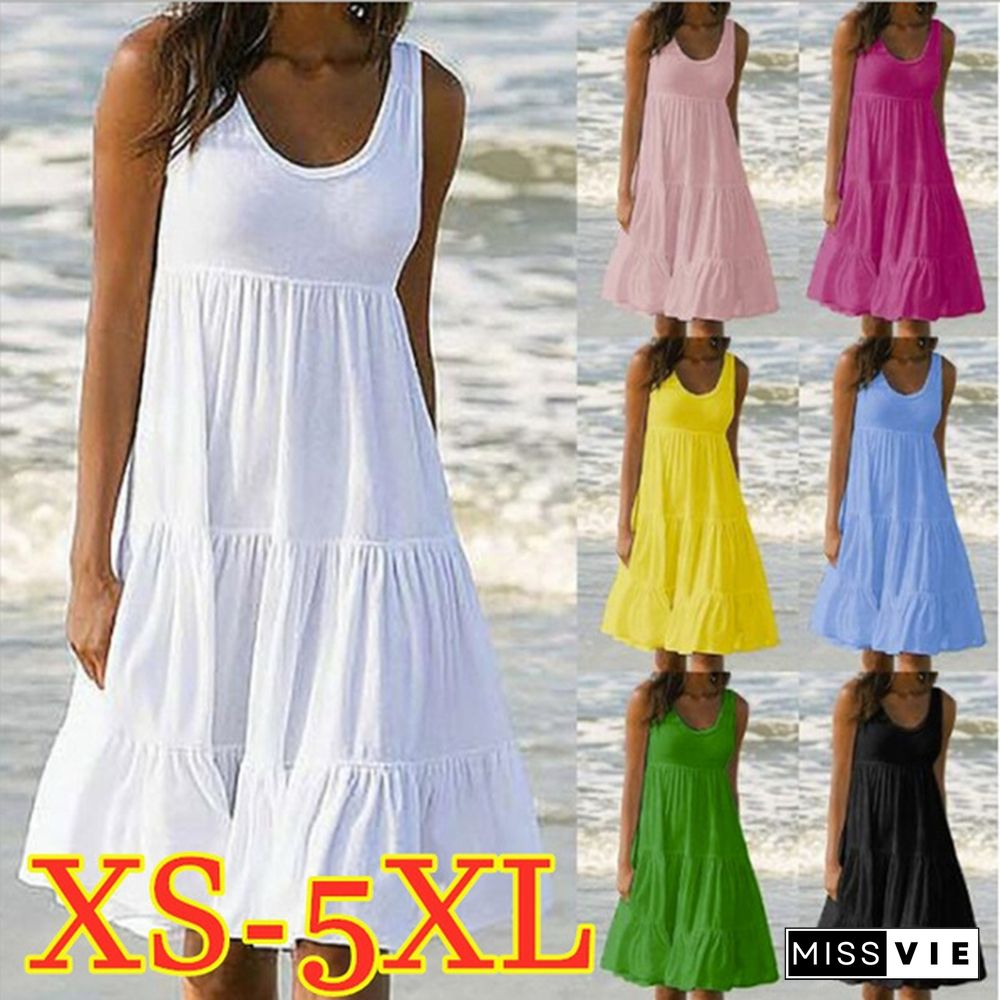 Summer Dresses Plus Size Fashion Clothes Women's Casual Sleeveless Party Beach Wear Loose Dresses Solid Color A-line Skirt Cotton Round Neck Off Shoulder Dress Ladies Pleated Halter Mini Dress Tank Top Dresses