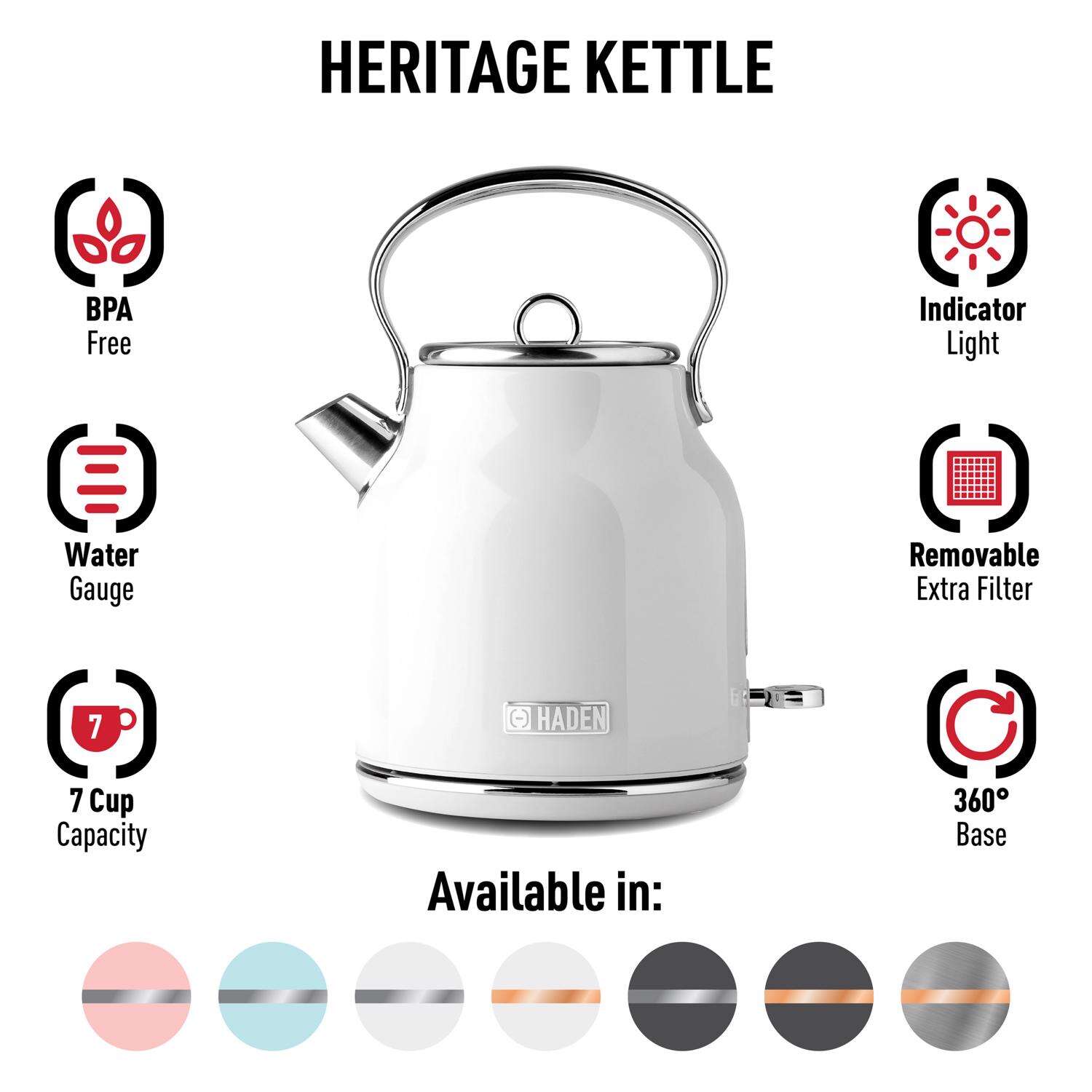 Haden Heritage Ivory Traditional Stainless Steel 1.7 L Electric Tea Kettle