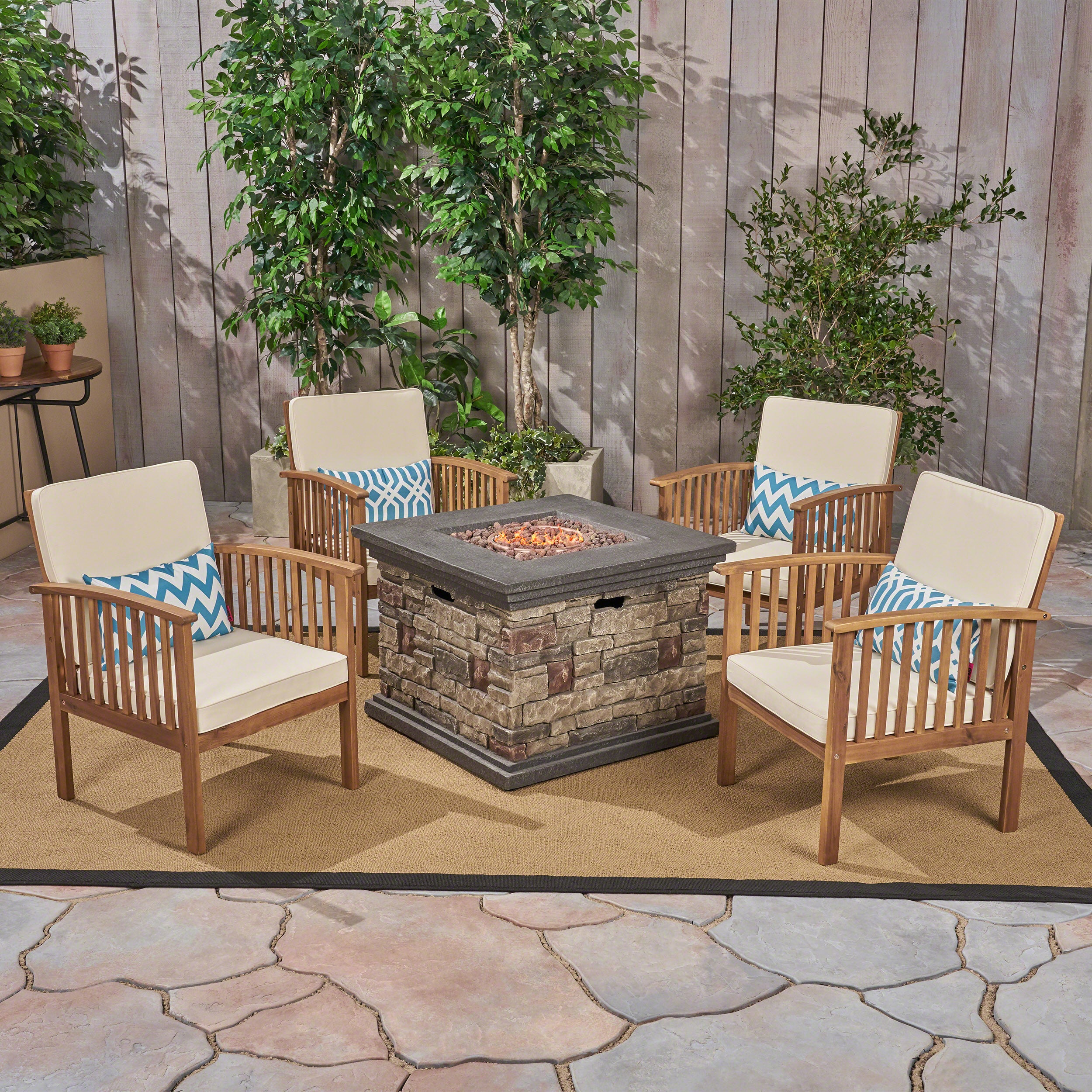 Cape Outdoor 4-Seater Acacia Wood Club Chairs with Firepit, Brown Patina Finish and Cream and Stone