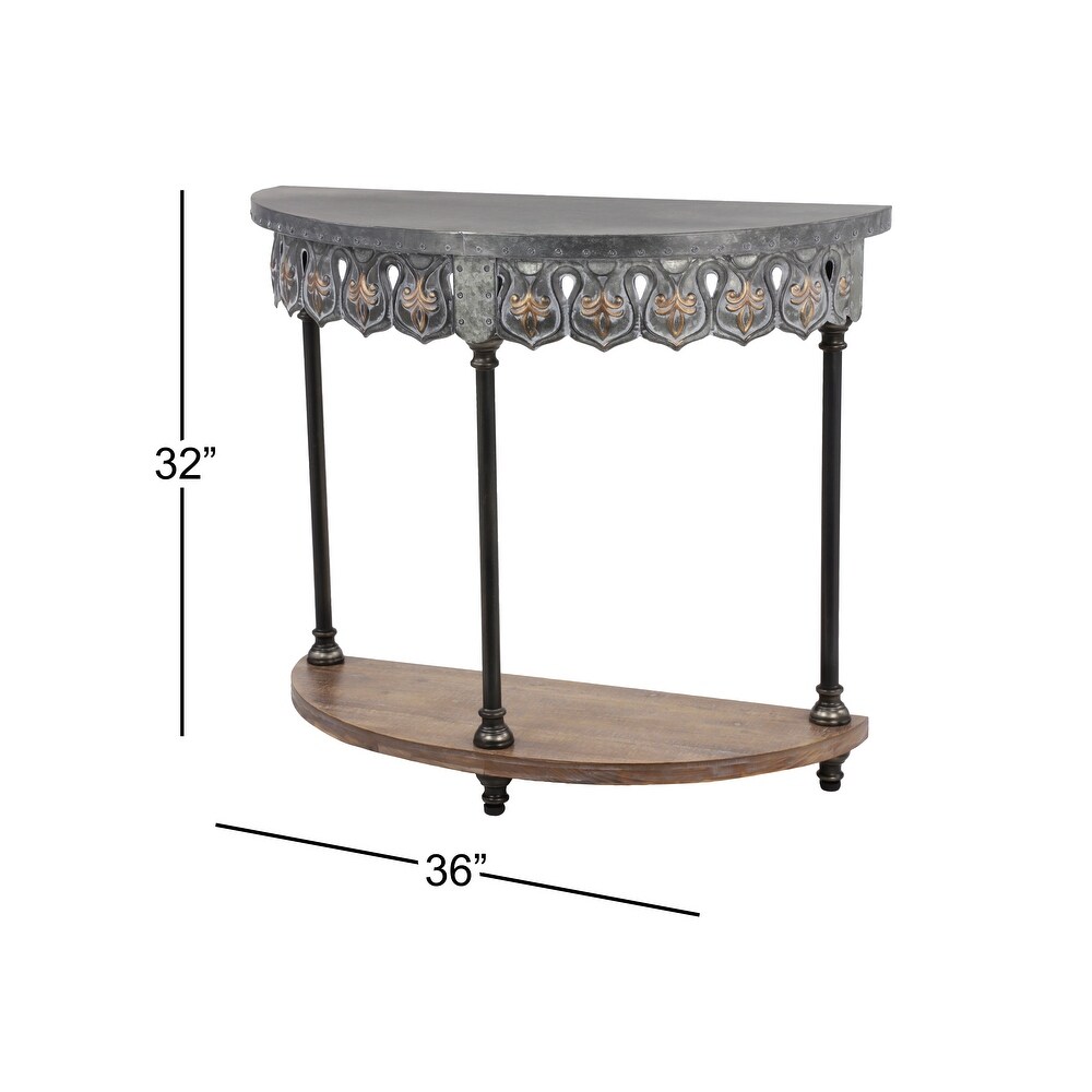 Grey Iron Top Wood Shelf Vintage Farmhouse Half Moon Console Table