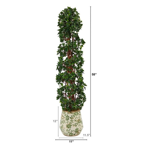 58 English Ivy Topiary Spiral in Floral Print Planter UV Resistant