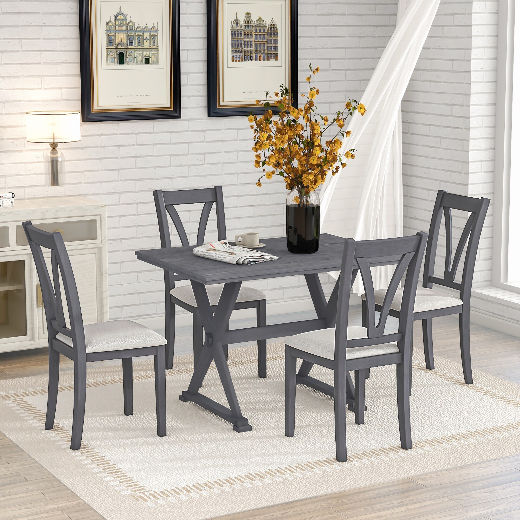 Wood 5-Piece Dining Table Set with 4 Upholstered Chairs