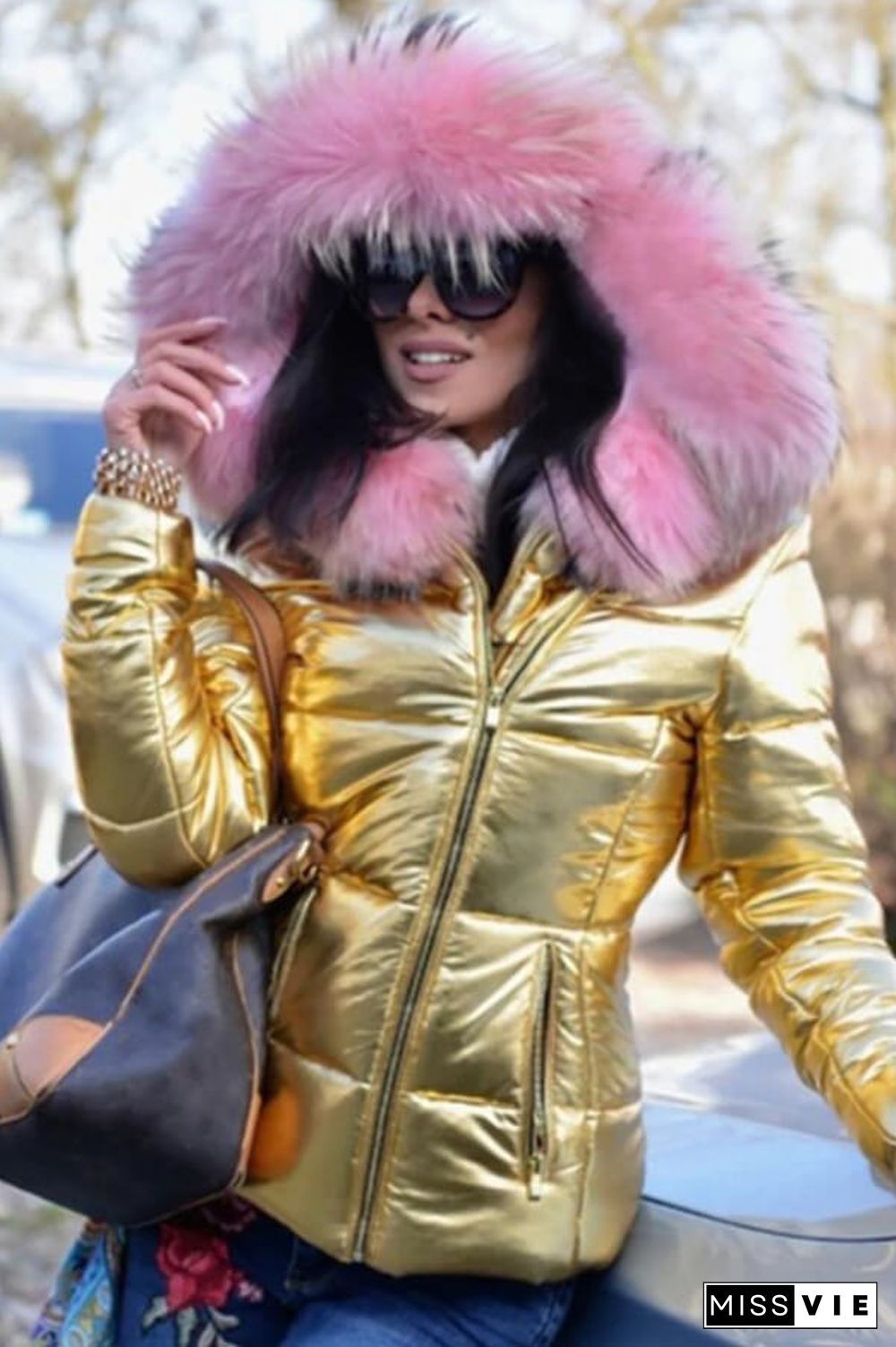 Fashion Solid Color Thick Fur Collar Down Jacket