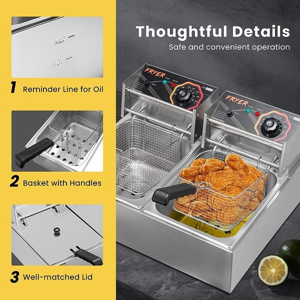 110V 20.7 Qt Commercial Electric Deep Fryer with 2 x 6.35 QT Removable Baskets， Overheat Protection