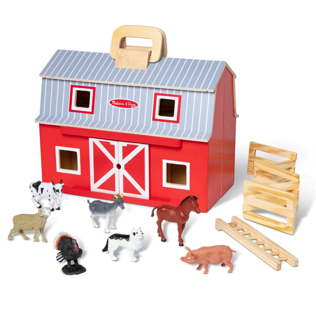 Melissa and Doug Fold and Go Wooden Barn With 7 Animal Play Figures - Farm Animals Barn Toy， Portable Toys， Farm Toys For Kids And Toddlers Ages 3+