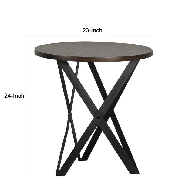 24 Inch Side End Table， Round Acacia Wood Top， Crossed Metal Legs， Grey - 23L x 23W x 24H， in inches